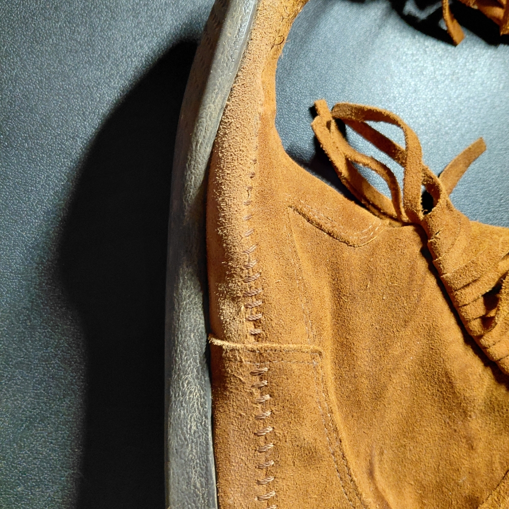 Vintage Minnetonka Brown Leather Stud And Fringe Detail Size Ladies 9 Preloved - Picture 13 of 16